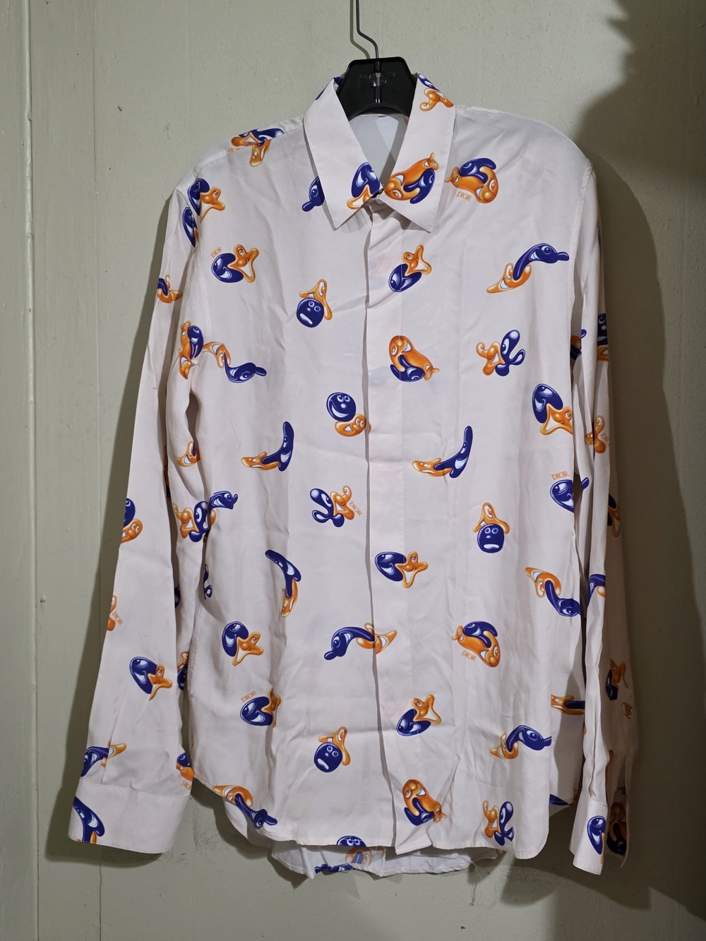 Dior Men's White Button-Down Shirt with Blue & Orange Graphic Motifs